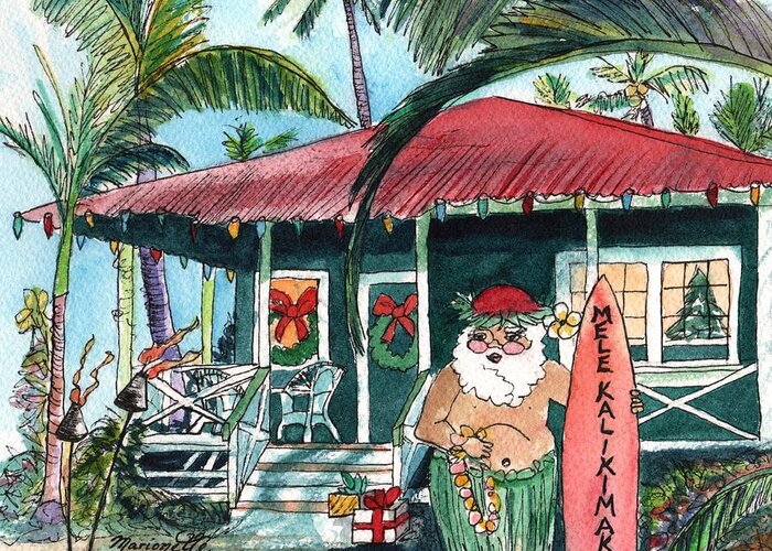 Hawaiian Santa Greeting Card featuring the painting Mele Kalikimaka Hawaiian Santa by Marionette Taboniar