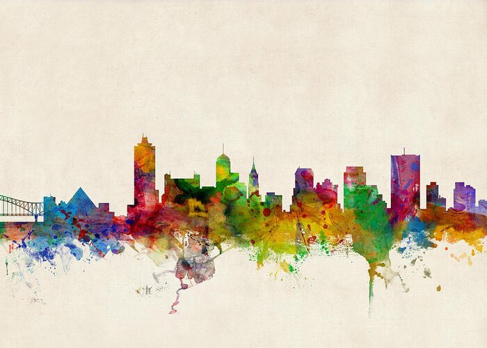 Watercolour Greeting Card featuring the digital art Memphis Tennessee Skyline by Michael Tompsett