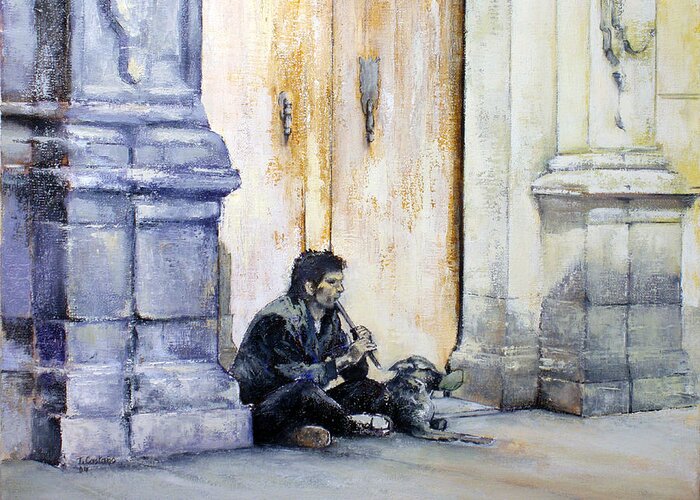Mendicant Greeting Card featuring the painting Mendicant With Dog by Tomas Castano