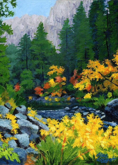 Yosemite Greeting Card featuring the painting Merced River in Autumn by Alice Leggett