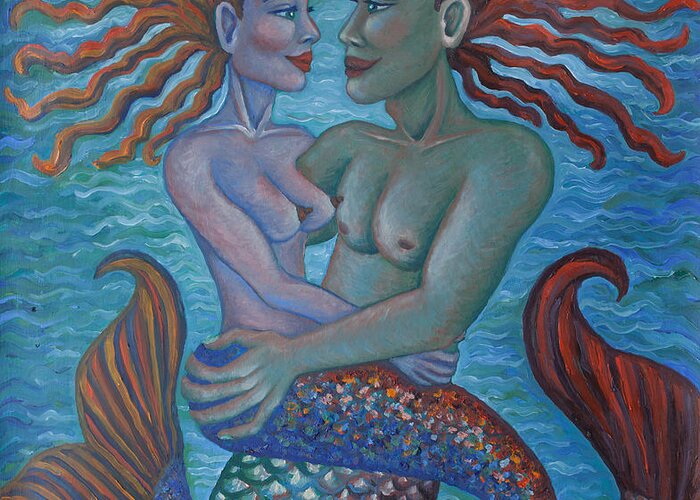 Love Greeting Card featuring the painting Merfolk Romance by Claudia Cox