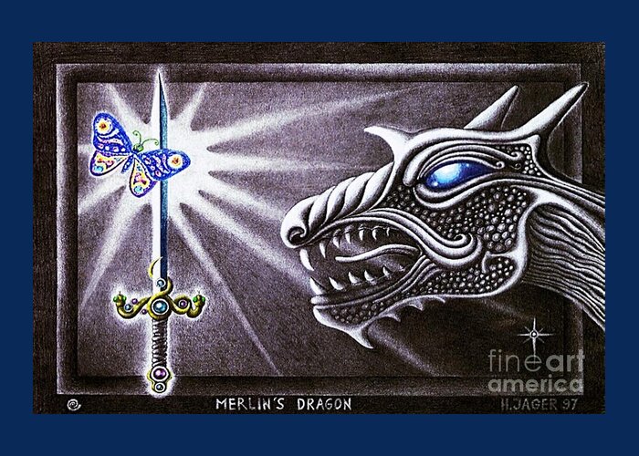 Merlin Greeting Card featuring the drawing Merlin's Dragon by Hartmut Jager