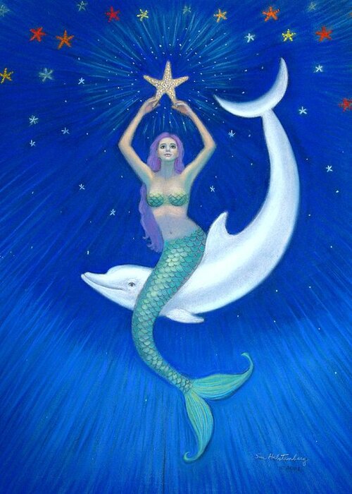 Mermaid Art Greeting Card featuring the painting Mermaids- Dolphin Moon Mermaid by Sue Halstenberg