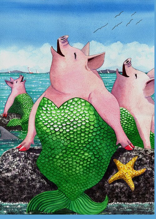 Mermaid Greeting Card featuring the painting Merpigs by Catherine G McElroy