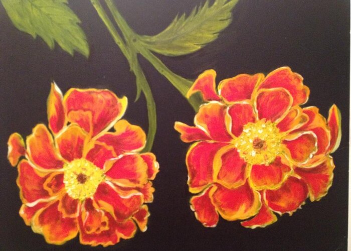 Flower Greeting Card featuring the painting Merrigolds by Brindha Naveen