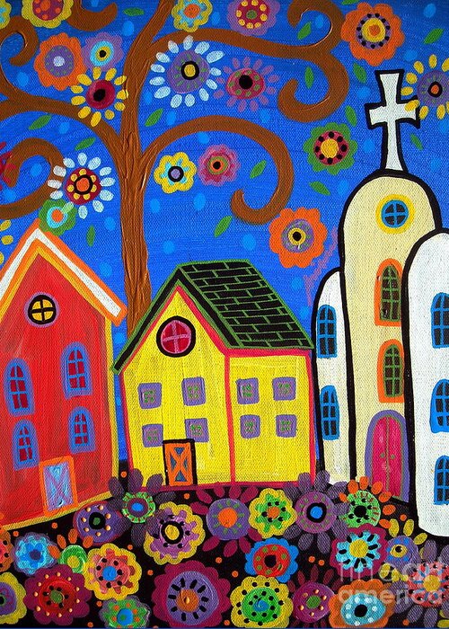 Church Greeting Card featuring the painting Mexican Church Town by Pristine Cartera Turkus