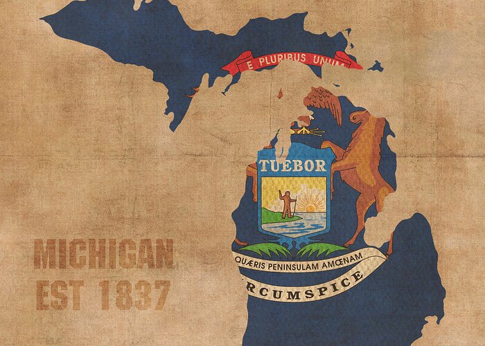 Michigan State Flag Map Outline With Founding Date On Worn Parchment Background Greeting Card For Sale By Design Turnpike