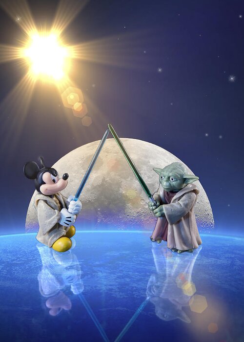 Mickey Mouse Greeting Card featuring the photograph Mickey vs Yoda by Bill and Linda Tiepelman
