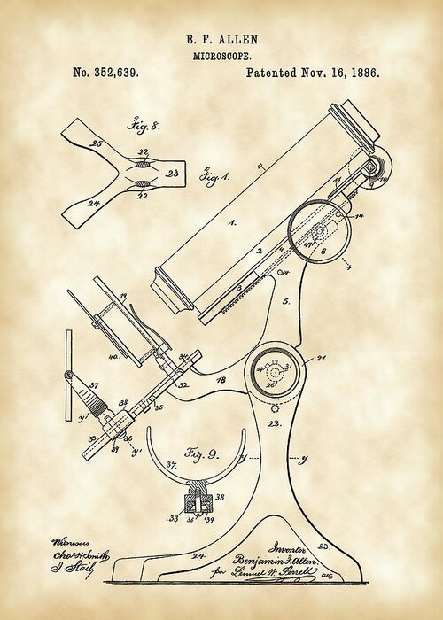 Microscope Greeting Card featuring the digital art Microscope Patent 1886 - Vintage by Stephen Younts