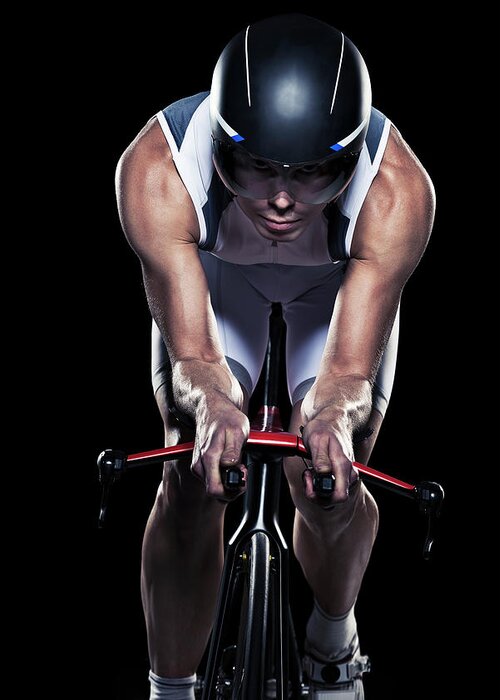 Sports Helmet Greeting Card featuring the photograph Mid Adult Woman Cycling, Studio Shot by Johner Images