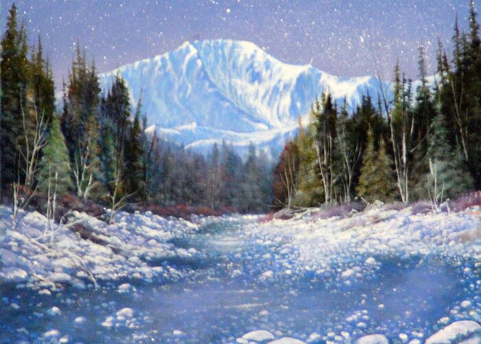 Pikes Peak Greeting Card featuring the painting Midnight Christmas Eve Pikes Peak 130901-1114 by Kenneth Shanika