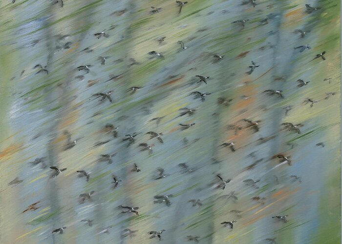 Bird Migration Greeting Card featuring the painting Migratory Geese Moon April by Ethel Vrana