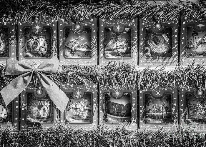 America Greeting Card featuring the photograph Mile Marker 0 Christmas Decorations Key West 4 - Black and White by Ian Monk