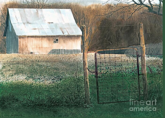 A Small Barn On A Small Farm In Missouri Glows In The Lowering Evening Sun Of Another Quiet Day In The Country. Greeting Card featuring the painting Milking Time by Monte Toon