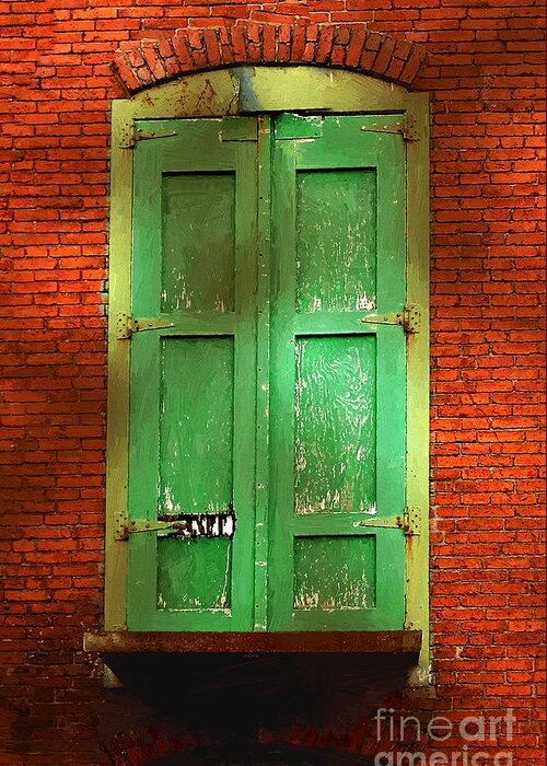 Brick Greeting Card featuring the painting Mill Door in Dappled Sunlight by RC DeWinter