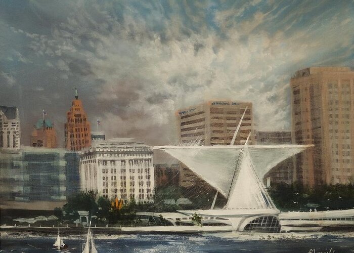 Milwaukee Greeting Card featuring the painting Milwaukee Lakefront by Tom Shropshire