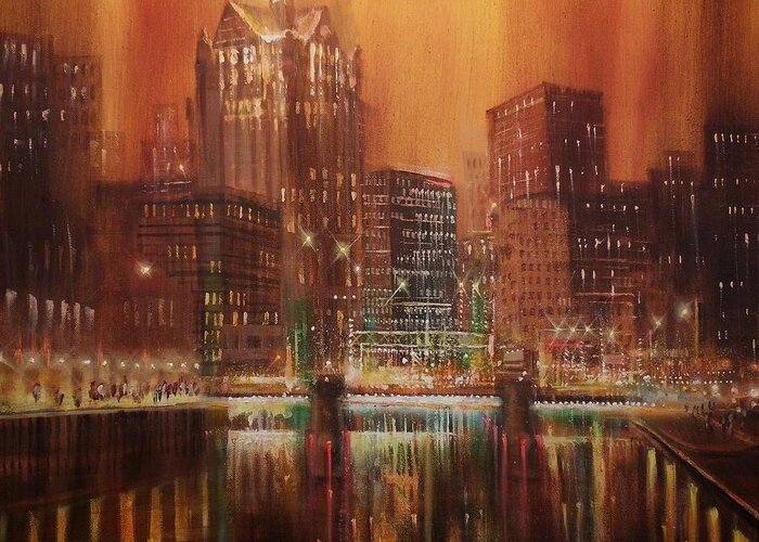 City At Night Greeting Card featuring the painting Milwaukee River Downtown by Tom Shropshire