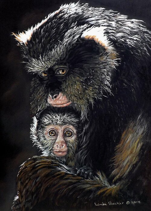Guenon Greeting Card featuring the drawing Mimi and Zuri by Linda Becker