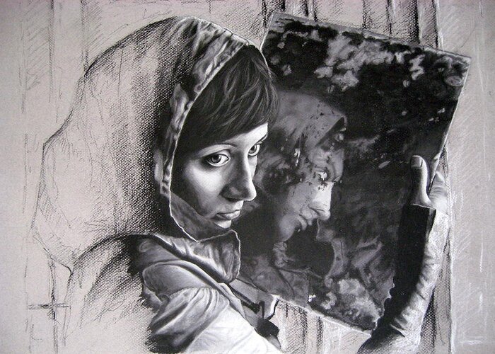  Black And White Greeting Card featuring the painting Mirror by Mojgan Jafari
