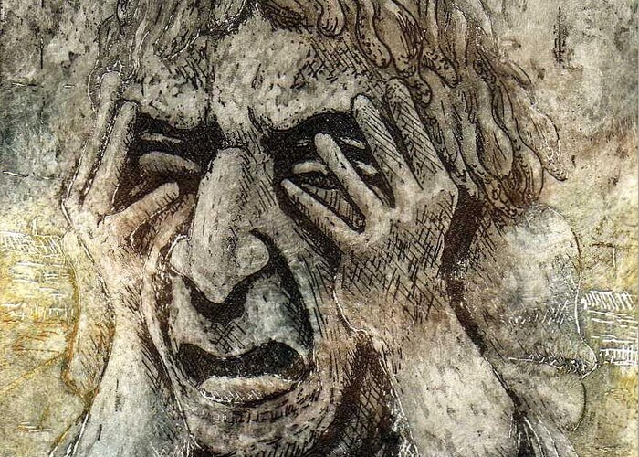 Gargoyle Greeting Card featuring the relief Misery by Suzette Broad