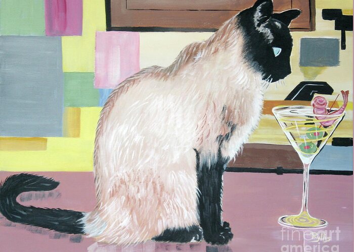 Siamese Cat Greeting Card featuring the painting Miss Kitty and Her Treat by Phyllis Kaltenbach