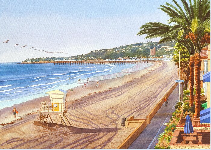 Mission Beach Greeting Card featuring the painting Mission Beach San Diego by Mary Helmreich