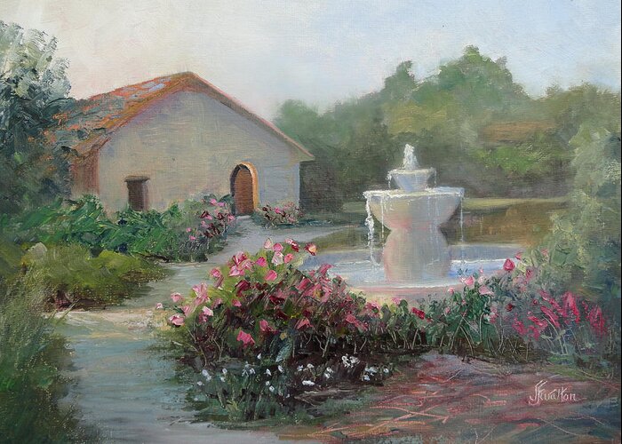 Mission Fountain Greeting Card featuring the painting Mission Fountain by Judy Fischer Walton