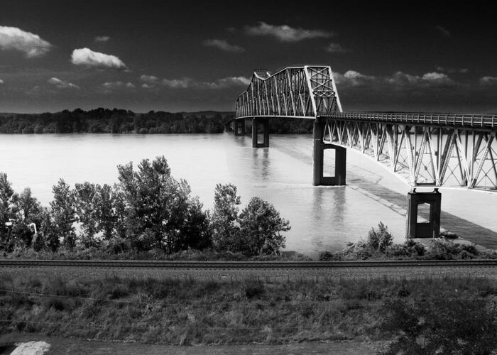 Chester Illinois Popeye Missouri Mississippi River Muddy Bridge Engineer Engineering Architecture River Water Stream Lake Train Railroad Trees Grass Art Artwork Contrast Light Dark Black White Grey Gray Steel Metal Water Wet Clouds Sky Doark Light Shadow Sun Historic America Greeting Card featuring the photograph Mississippi River Bridge at Chester Illinois by Tom Gort