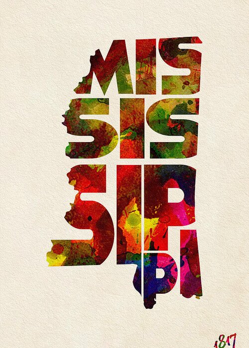 Mississippi Greeting Card featuring the painting Mississippi Typographic Watercolor Map by Inspirowl Design