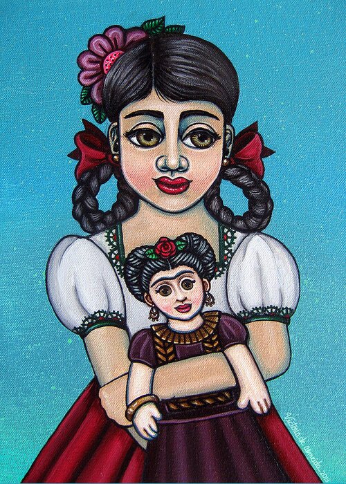 Frida Greeting Card featuring the painting Missy Holding Frida by Victoria De Almeida