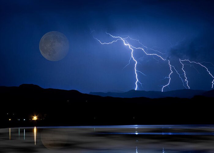 Landscape Greeting Card featuring the photograph Misty Lake Full Moon Lightning Storm Fine art Photo by James BO Insogna
