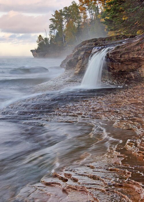 Pictured Rocks National Lakeshore Greeting Card featuring the photograph Misty Morning at the Beach by Leda Robertson
