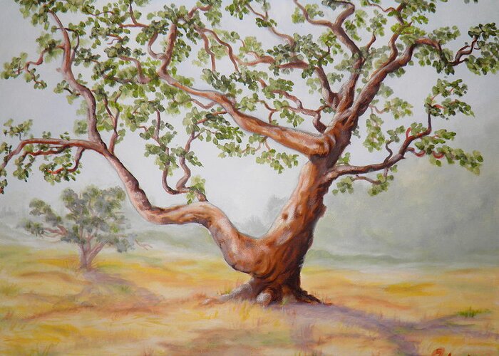 Oak Tree Mist Fog Leaves Field Sky Shadow Green Grey Yellow Ochre Brown Purple Grass Bush Blue Light Shade Greeting Card featuring the painting Misty Morning At Uplands by Ida Eriksen
