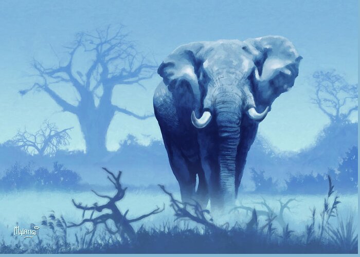 Blue Greeting Card featuring the digital art Misty Blue Morning in the Tsavo by Anthony Mwangi