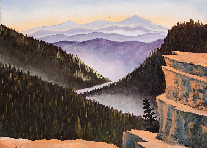 Landscape Greeting Card featuring the painting Misty Mountains by Alex Izatt