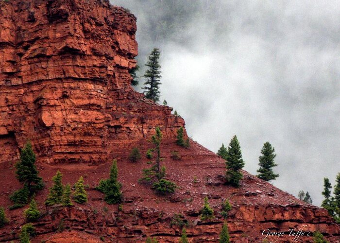 Landscapes Red Rocks Misty Cloudy Nature Nature Zen Simple Colorado Rocky Mountains Spring Greeting Card featuring the photograph Misty red rocks by George Tuffy