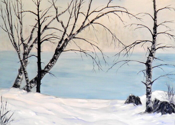 Trees Bark Branches Grasses Rocks Snow River Forest Mist Water Blue Green Yellow White Light Shadow Grey Brown Greeting Card featuring the painting Misty River 2 by Ida Eriksen