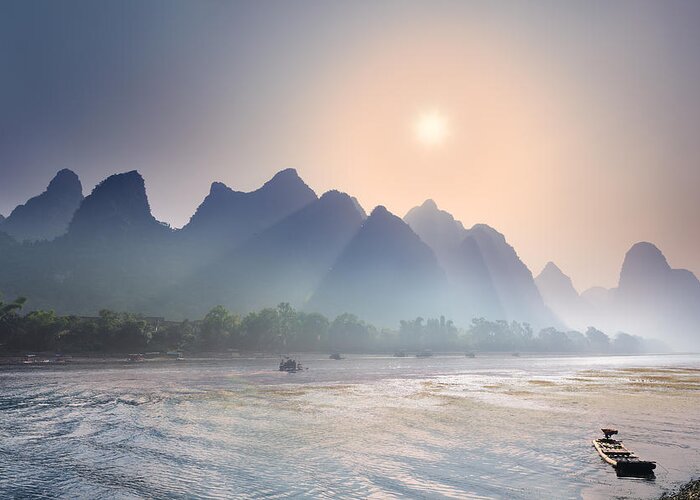 Guangxi Greeting Card featuring the photograph Misty sunrise 2 by Afrison Ma