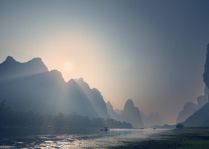 Guangxi Greeting Card featuring the photograph Misty sunrise 3 by Afrison Ma