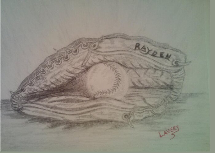 Basebal Greeting Card featuring the drawing Mitt by John Lavery