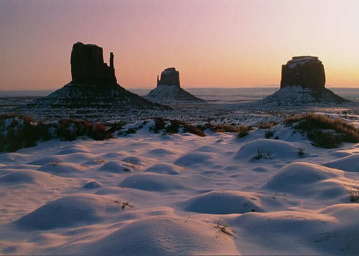 Monument Valley Greeting Card featuring the photograph Mitten Buttes At Dawn In Monument Valley by William Ervin/science Photo Library