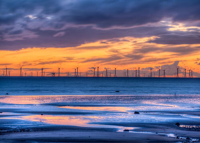 Modern Electric Windmill Turbine Greeting Card featuring the photograph Modern Ocean Windmills at Sunset Lowtide by Dennis Dame