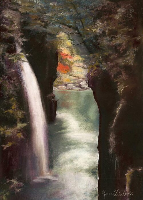 Pastel Landscape Greeting Card featuring the pastel Moment of Eternity - Takachiho Falls by Marie-Claire Dole