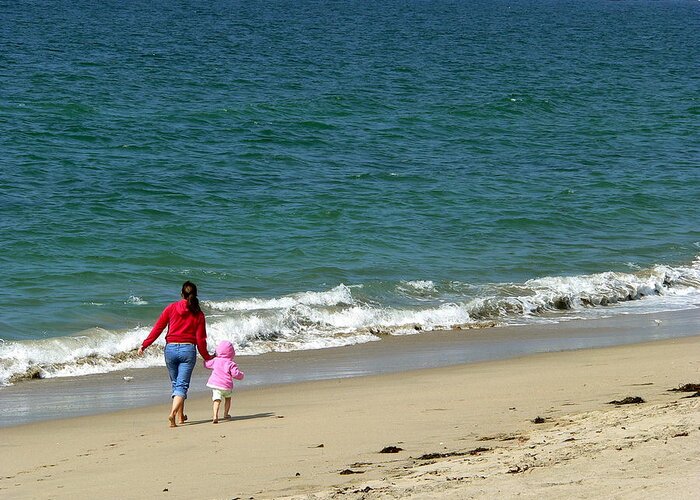Mom And Toddler Walking Along The Beach Greeting Card featuring the photograph Mommy Daughter Beach Time by Jeff Lowe