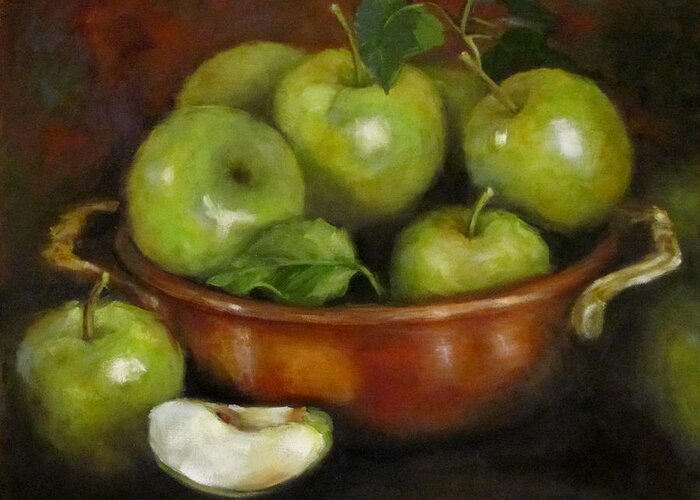Apples Greeting Card featuring the painting Mom's Last Apple Harvest by Cheri Wollenberg