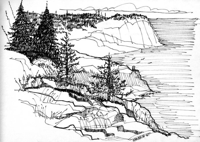 Monhegan Island Greeting Card featuring the drawing Monhegan Cliffs 1987 by Richard Wambach