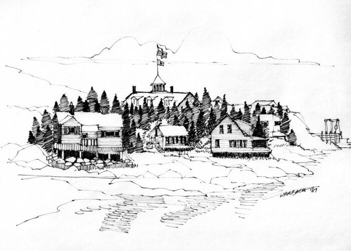 Monhegan Island Greeting Card featuring the drawing Monhegan Village 1987 by Richard Wambach