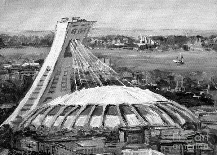 Noir Et Blanc Greeting Card featuring the painting Montreal Olympic Stadium And Olympic Park-home To Biodome And Velodrome-montreal In Black And White by Carole Spandau