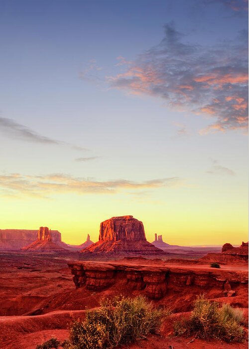 Scenics Greeting Card featuring the photograph Monument Valley At Sunset by Powerofforever