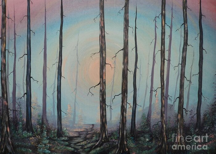 Forest Path Greeting Card featuring the painting Moody Blue by Krystyna Spink